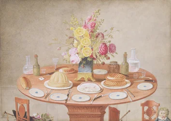 Nature morte avec un vase de fleurs sur une table dressée pour un repas, vers 1810